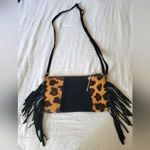 EUC Jane Marie leopard fringe hobo crossbody bag adjustable